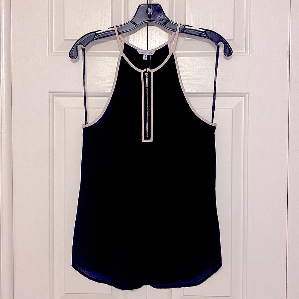 Naked Zebra Front Zip Racerback Contrast Tank Top Blouse